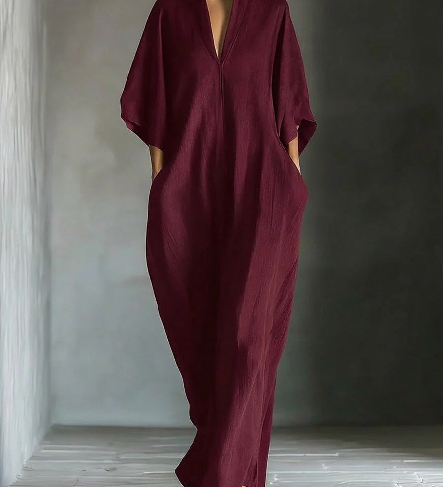 Alina - Vestido longo com mangas 3/4 e decote em V